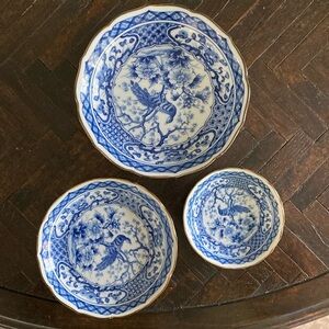 Andrea by Sadek, Blue and White Decorative Bowls with Peacock, Japan